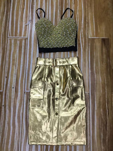 Top Quality Strapless Gold Leather Knee Length Cocktail Party Dress