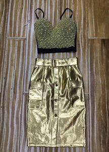 Top Quality Strapless Gold Leather Knee Length Cocktail Party Dress