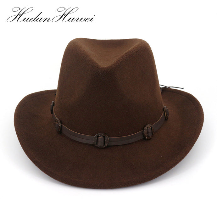 European US Wide Brim Woolen Felt Jazz Panama Hat Western Cowboy Cowgirl Hats with Leather Decorated Trilby Fedora for Men Women