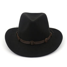 Load image into Gallery viewer, European US Wide Brim Woolen Felt Jazz Panama Hat Western Cowboy Cowgirl Hats with Leather Decorated Trilby Fedora for Men Women