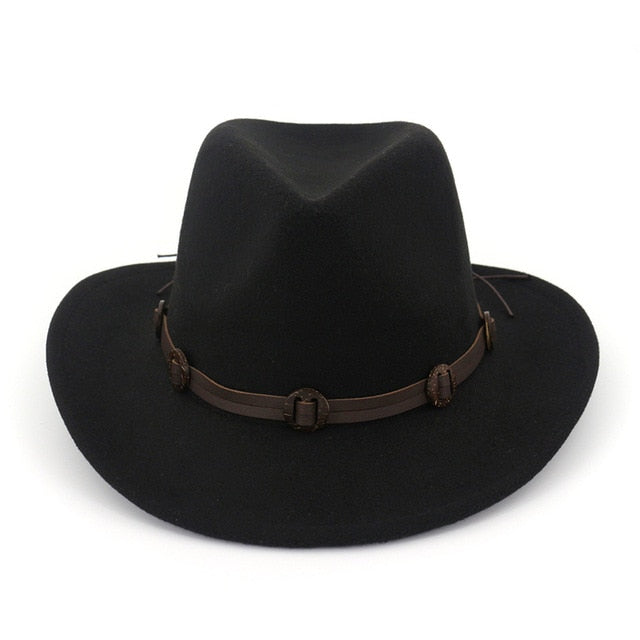 European US Wide Brim Woolen Felt Jazz Panama Hat Western Cowboy Cowgirl Hats with Leather Decorated Trilby Fedora for Men Women