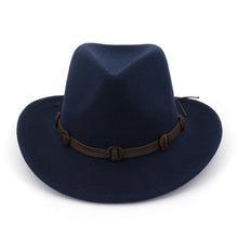 Load image into Gallery viewer, European US Wide Brim Woolen Felt Jazz Panama Hat Western Cowboy Cowgirl Hats with Leather Decorated Trilby Fedora for Men Women