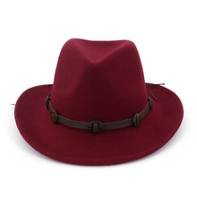 Load image into Gallery viewer, European US Wide Brim Woolen Felt Jazz Panama Hat Western Cowboy Cowgirl Hats with Leather Decorated Trilby Fedora for Men Women