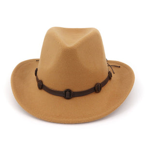 European US Wide Brim Woolen Felt Jazz Panama Hat Western Cowboy Cowgirl Hats with Leather Decorated Trilby Fedora for Men Women