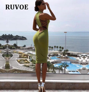 HOT Fashion Women Dress Bodycon Slim Sleeveless Deep O-Neck Sexy Ladies Pencil Knee Length Midi Dress Party Summer Dres MGN-26