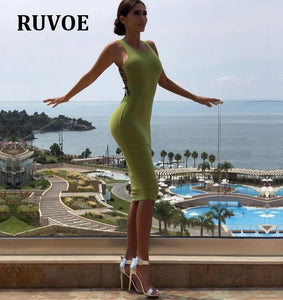 HOT Fashion Women Dress Bodycon Slim Sleeveless Deep O-Neck Sexy Ladies Pencil Knee Length Midi Dress Party Summer Dres MGN-26