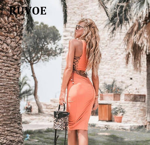 HOT Fashion Women Dress Bodycon Slim Sleeveless Deep O-Neck Sexy Ladies Pencil Knee Length Midi Dress Party Summer Dres MGN-26