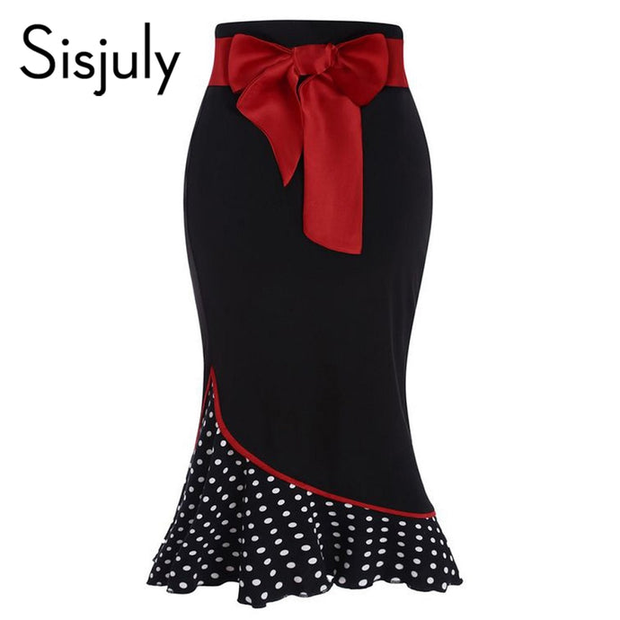 Women Polka Dot Patchwork Red Bow knot Mermaid Skirt Vintage Sexy Body con Black Party Female Bottom