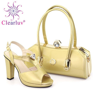 Italian Slip On Shoes and Bag Set Decorated with Rhinestone for Women Beautiful