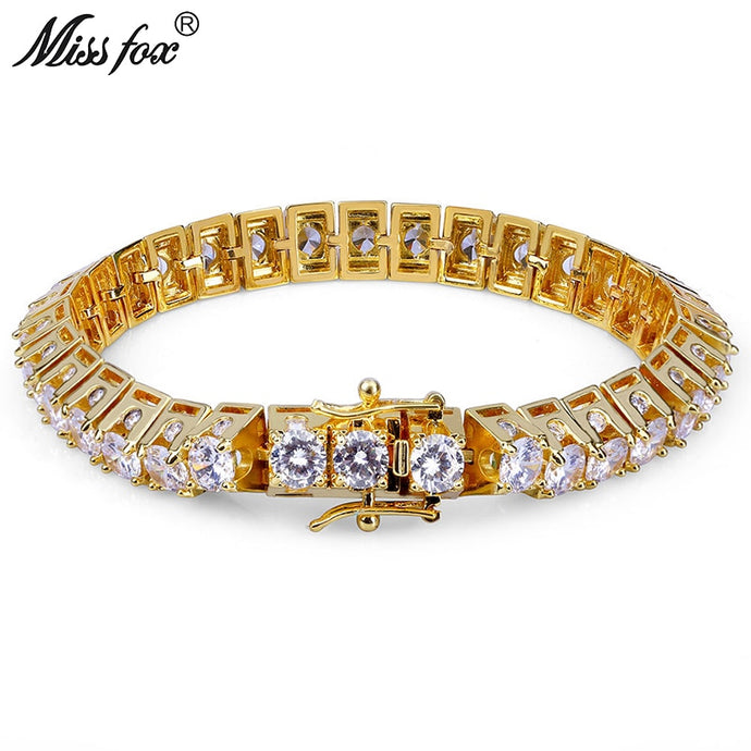 MISSFOX Hiphop Men 10mm Big CZ Diamond Cuba Bracelets & Bangles 18K Gold Argent Brazalete Hombre 1 Row Trapezoid Luxury Bracelet