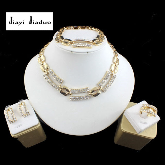 African Bridal Jewelry Sets for Women Classic 4ps Necklace Earrings Ring Bracelet Gold Color Wedding Banquet Box