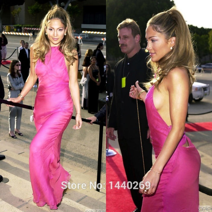 Fashion Chiffon Rose Red Sexy Long Celebrity Dresses Backless Beach Gowns Custom Made