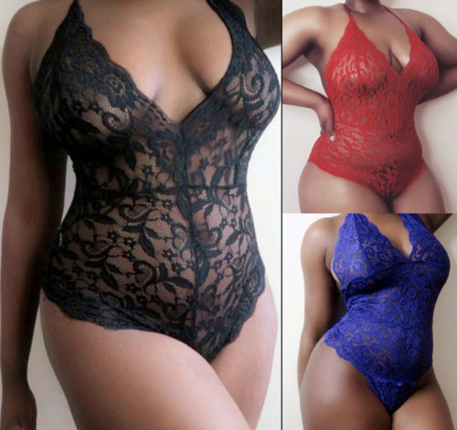 Sexy Womens Full Lace Lingerie Bodysuit Strappy Plunge V Neck Bodycon Leotard Lace Sling Sleepwear Bodysuit Plus size M-2XL