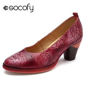 Socofy Vintage Flower Embossed Pumps Women Red Genuine Leather Shoes Woman Block High Heel Pumps Women Retro Ladies Shoes New