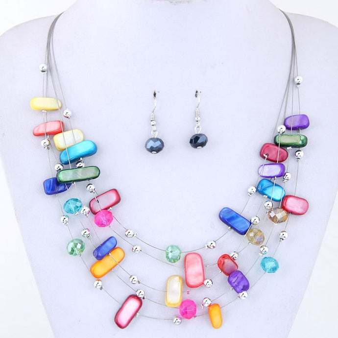Women Bohemian African Beads Jewelry Set Multi layers Necklace Earrings Crystal Shell Jewelry Sets Charm Wedding Sets