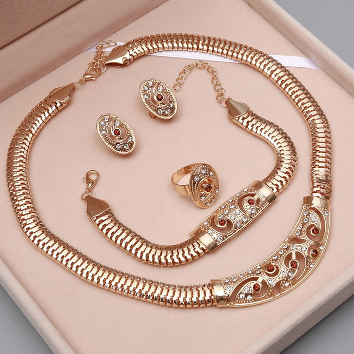 African Beads Jewelry Sets Gold Statement Necklace Earrings Bracelet Ring Sets For Women Dubai Wedding Bridal Accessories