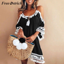 Load image into Gallery viewer, Free Ostrich 2019 Women Off Shoulder Dress Tassel Short Cocktail Party Beach Dresses Sundress Fashion Ethnic Style Tassel Dress