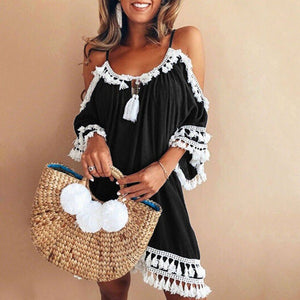 Free Ostrich 2019 Women Off Shoulder Dress Tassel Short Cocktail Party Beach Dresses Sundress Fashion Ethnic Style Tassel Dress