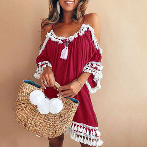 Free Ostrich 2019 Women Off Shoulder Dress Tassel Short Cocktail Party Beach Dresses Sundress Fashion Ethnic Style Tassel Dress