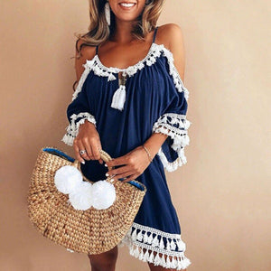 Free Ostrich 2019 Women Off Shoulder Dress Tassel Short Cocktail Party Beach Dresses Sundress Fashion Ethnic Style Tassel Dress