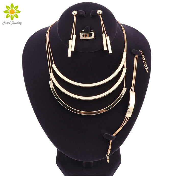 Nigerian Wedding Gold Color Multi Layer Jewelry Set Bridal Necklace Earrings Bracelet Ring African Jewelry Fashion