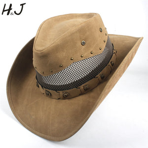 Leather Men Western Cowboy Hat For Dad Gentleman Sombrero Hombre Jazz Caps Size 58-59CM