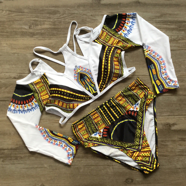 Brazilian High Waist Halter Long Sleeve Off Shoulder Women Vintage Bathing Suit