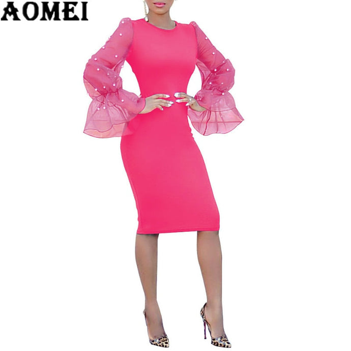 European and American women's hot explosions fashion slim Pearl European yarn horn sleeve hip sexy dress