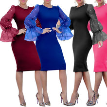 Load image into Gallery viewer, European and American women&#39;s hot explosions fashion slim Pearl European yarn horn sleeve hip sexy dress