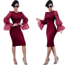 Load image into Gallery viewer, European and American women&#39;s hot explosions fashion slim Pearl European yarn horn sleeve hip sexy dress