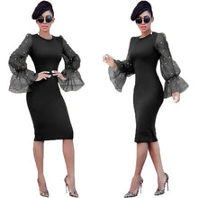 Load image into Gallery viewer, European and American women&#39;s hot explosions fashion slim Pearl European yarn horn sleeve hip sexy dress