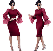 Load image into Gallery viewer, European and American women&#39;s hot explosions fashion slim Pearl European yarn horn sleeve hip sexy dress