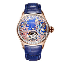 Load image into Gallery viewer, Reef Tiger/RT Blue Dial Fashion Watches for Women Leather Strap Waterproof Automatic Watches Diamond Tourbillon Watch RGA7105