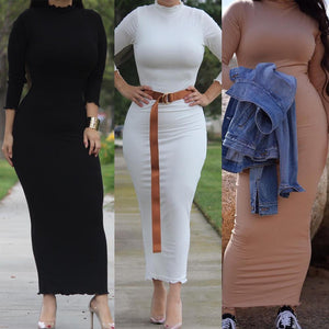 Muslim Plain Thick Bodycon Slim Dress Stretch Long Maxi Kaftan Women Pencil Robe Dress Islamic Dubai Arab Jilbab Sheath Dress