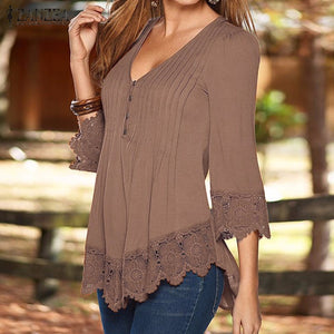 Elegant Lace Blouses Shirts Sexy V Neck Casual 3/4 Sleeve Asymmetrical Solid Tops