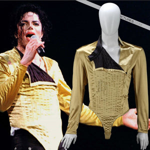 HOT MJ Michael Jackson Classic BAD Dangerous Jam Golden  Body suit Costume Jacket  pants For Performance Collection 1990S