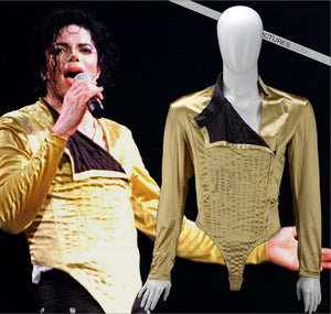 HOT MJ Michael Jackson Classic BAD Dangerous Jam Golden  Body suit Costume Jacket  pants For Performance Collection 1990S