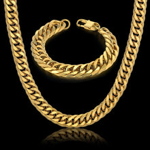 Load image into Gallery viewer, Hip Hop Style 14MM Cuban Chain Necklace &amp; Bracelet Set For Men Gift Wholesale African Dubai Gold Stainless Steel Jewelry Sets