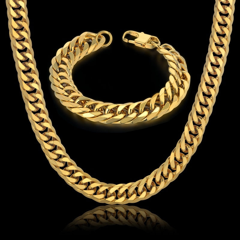 Hip Hop Style 14MM Cuban Chain Necklace & Bracelet Set For Men Gift Wholesale African Dubai Gold Stainless Steel Jewelry Sets