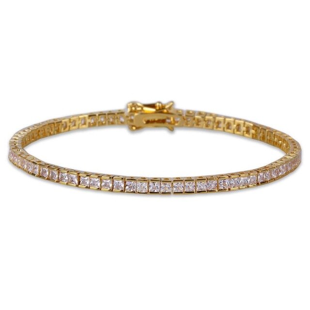 Single Row Square Man Gold CZ Diamond Buckle Bracelet