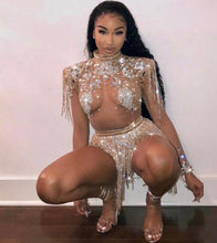 Load image into Gallery viewer, Shining Big Crystals Mesh Sexy Bodysuit Sparkly Rhinestones Chains Fringes Outfit Nightclub Party Wear See Through Costume