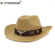 Load image into Gallery viewer, Hat Cowboy Men Straw Panama Hat Belt Cow Decorate Wide Brimmed Hats For Summer Khaki Male Hat 2020 New Arrival