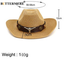 Load image into Gallery viewer, Hat Cowboy Men Straw Panama Hat Belt Cow Decorate Wide Brimmed Hats For Summer Khaki Male Hat 2020 New Arrival