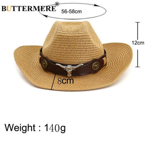 Hat Cowboy Men Straw Panama Hat Belt Cow Decorate Wide Brimmed Hats For Summer Khaki Male Hat 2020 New Arrival