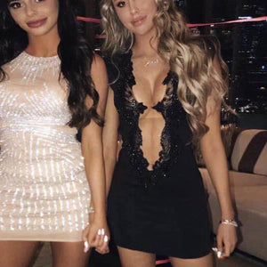 2019 Summer Mini Bandage Dress Sexy Lace Sleeveless Deep V-neck Sequins Bodycon Dress Club Celebrity Party Dress Vestidos