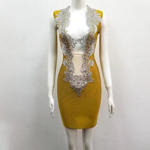 2019 Summer Mini Bandage Dress Sexy Lace Sleeveless Deep V-neck Sequins Bodycon Dress Club Celebrity Party Dress Vestidos