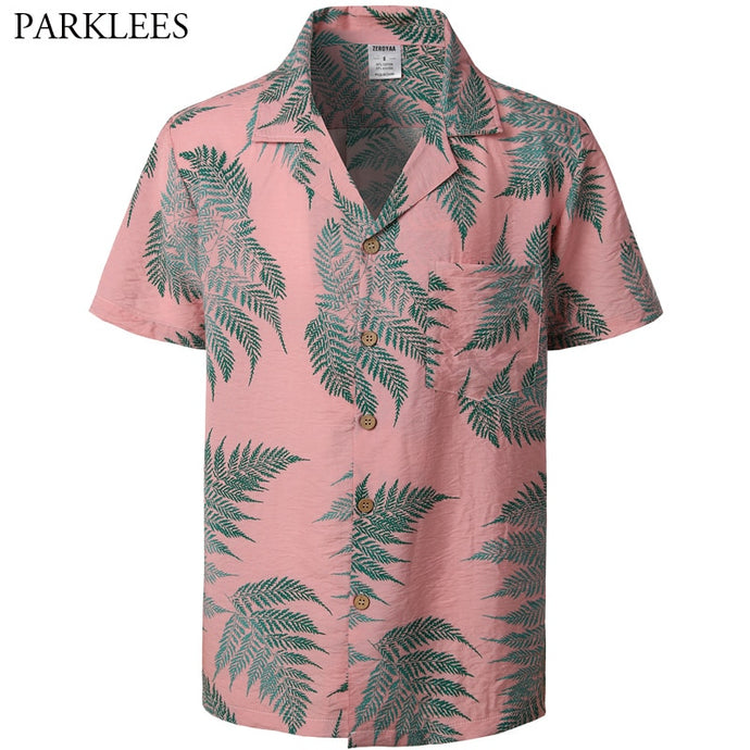 Pink Vintage Hawaiian Shirt Men Casual Short Sleeeve Button Down Dress Shirts Floral Print Cotton Shirt Beach Shirt with Pocket