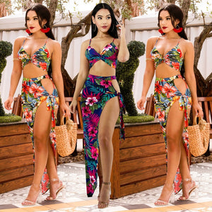 Summer Dress Sexy Two Piece Set  Women Empire Flora Printed Sleeveless Spaghetti Strap Hot Crop Top Beach Asymmetricall Dress