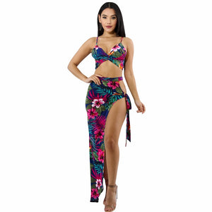 Summer Dress Sexy Two Piece Set  Women Empire Flora Printed Sleeveless Spaghetti Strap Hot Crop Top Beach Asymmetricall Dress