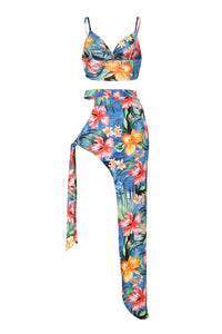 Summer Dress Sexy Two Piece Set  Women Empire Flora Printed Sleeveless Spaghetti Strap Hot Crop Top Beach Asymmetricall Dress